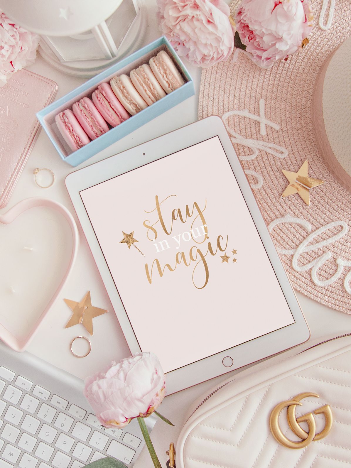 Flatlay image of an ipad with the quote Stay in Your Magic. Pink girly things, Pastel pink aesthetic, Flat lay photography