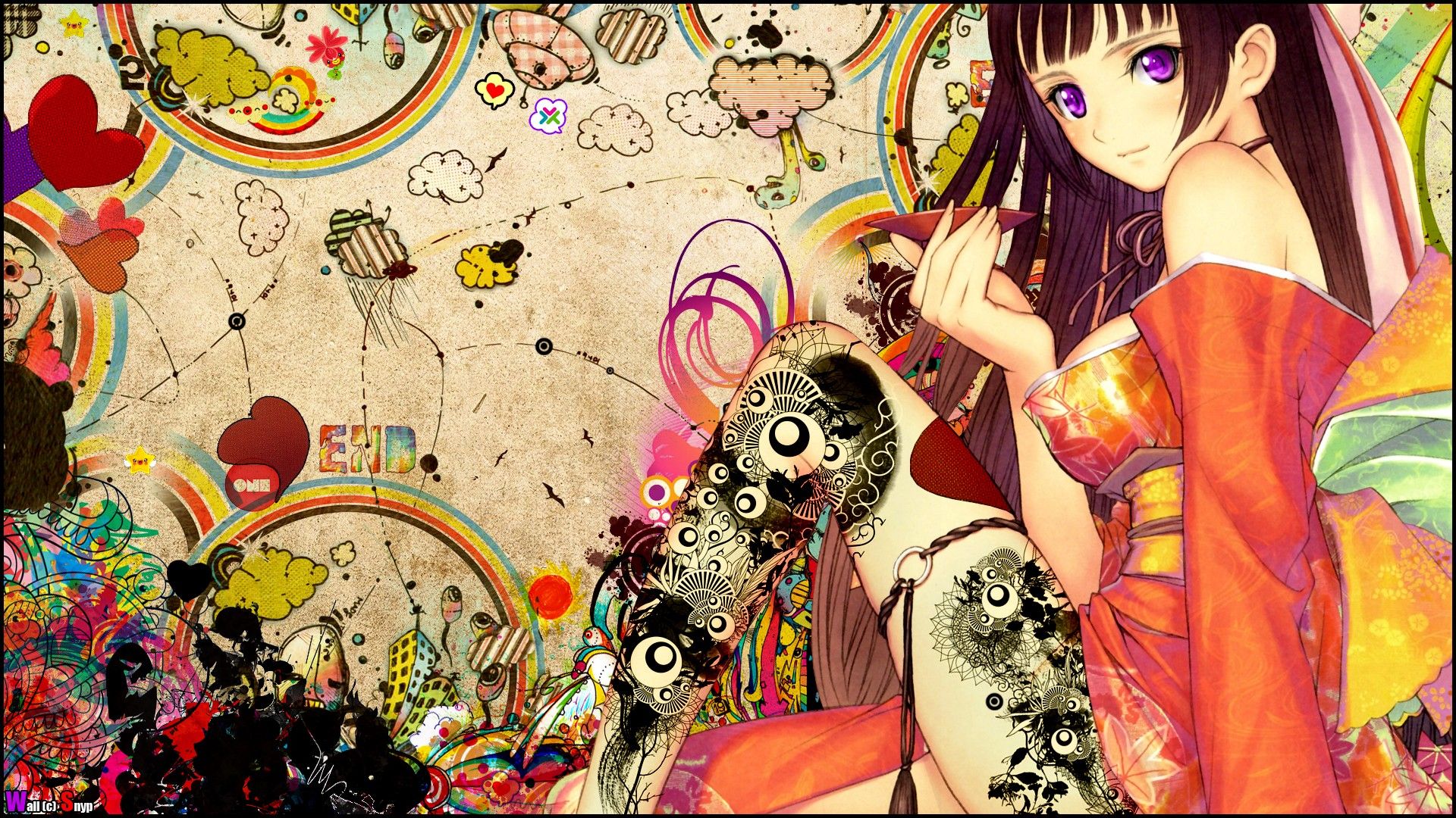 #legs, #anime, #purple eyes, #kimono, #Snyp, #colorful, #tattoo, # anime girls, #Tony Taka, wallpaper HD Wallpaper
