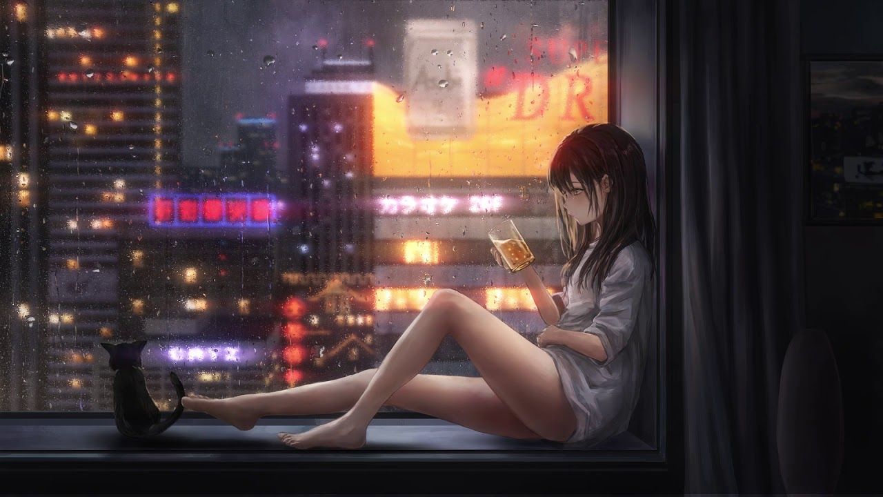 Night rain beer anime girl live wallpaper