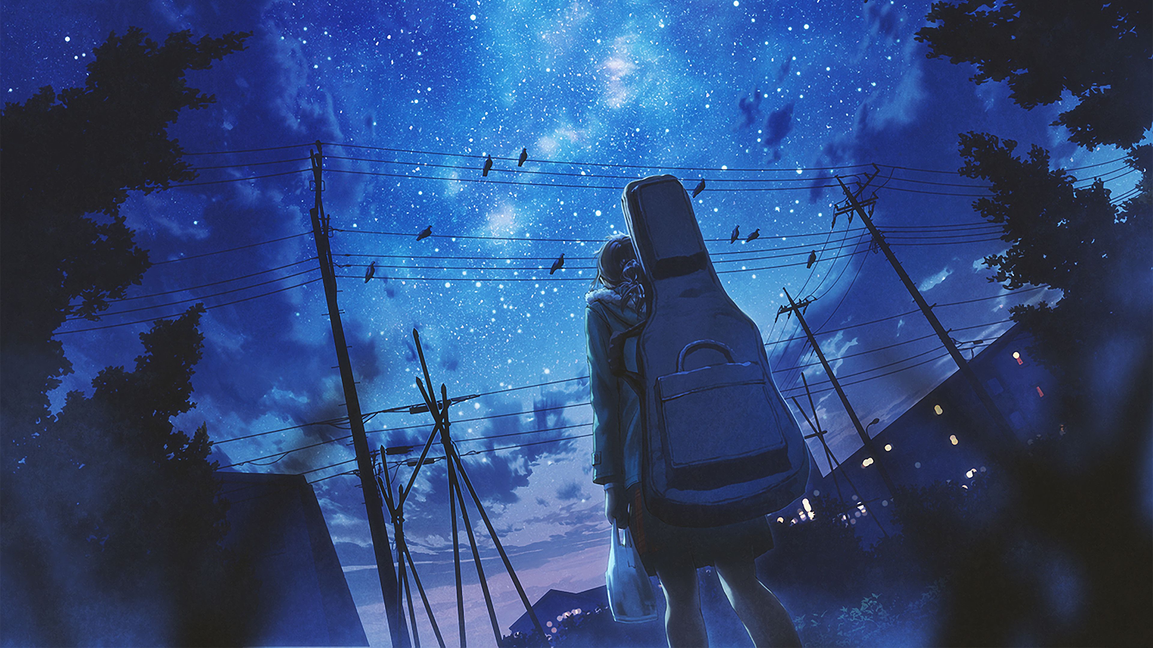 Anime, Girl, Night, Sky, Stars, 4K wallpaper