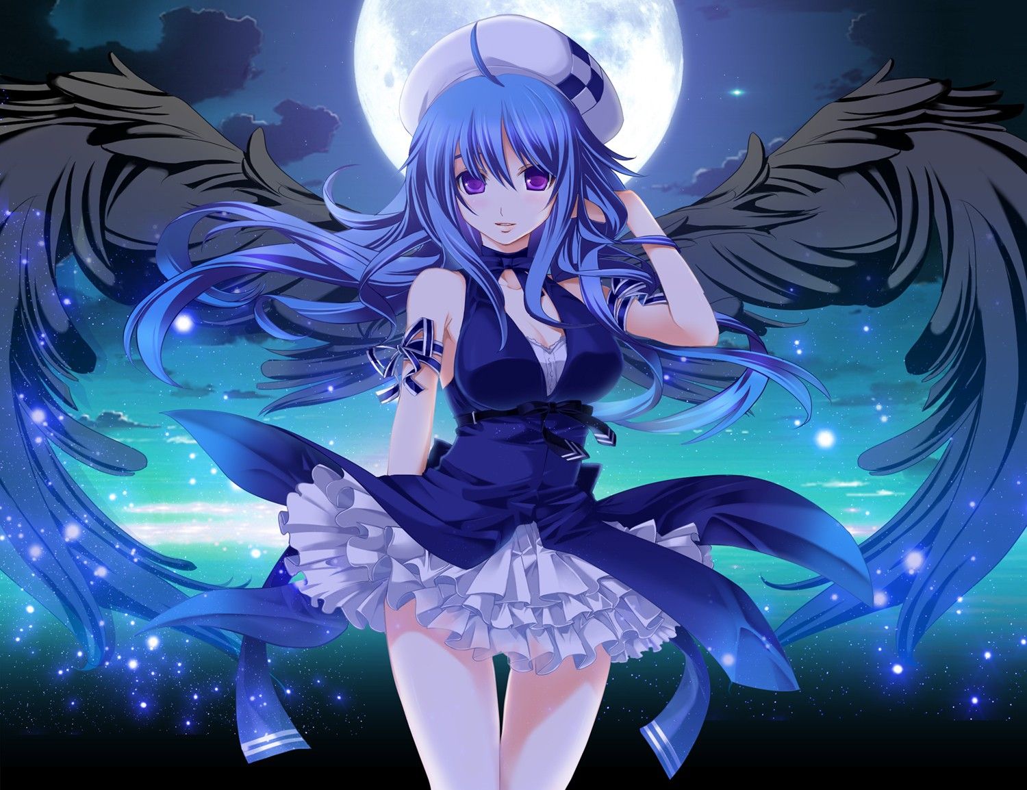 PangYa, wings, blue hair, hats, night, anime girls, Moon wallpaper