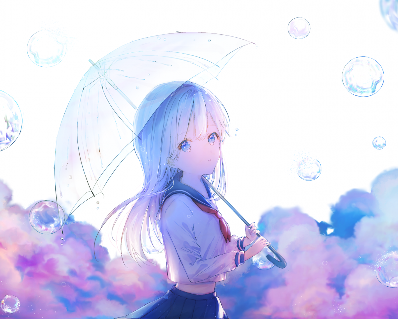 Download 1280x1024 Anime School Girl, Transparent Umbrella, Bubbles Wallpapers