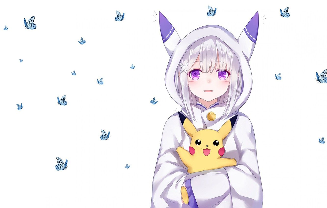 Wallpaper anime, art, Emilia, Pikachu image for desktop, section кодомо