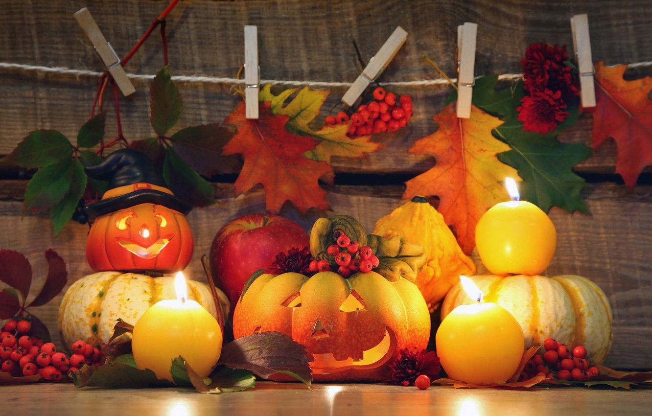 Wallpaper autumn, leaves, candles, pumpkin image for desktop, section разное