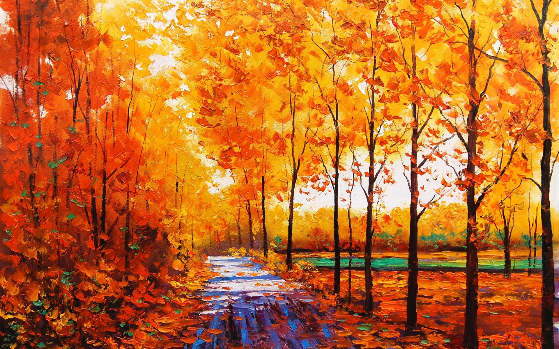 Art artistic oil painting nature landscape trees forest path sidewalk trail leaves autumn fall seasons color wallpaperx1200