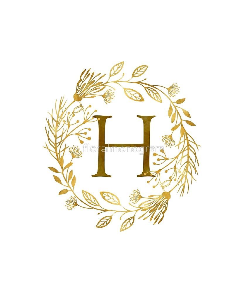 Monogram H Elegant Gold Foliage Sticker by floralmonogram. Monogram wallpaper, Watercolor flowers pattern, Free printable art