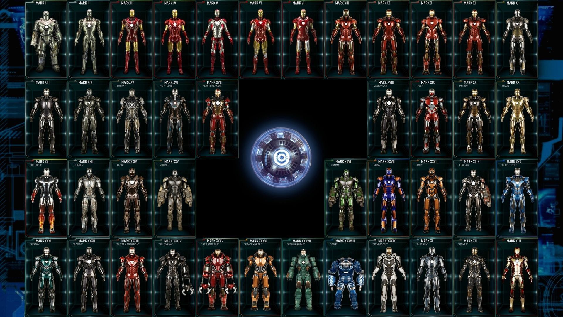 Made a wall paper out of the 42 current Iron Man suits