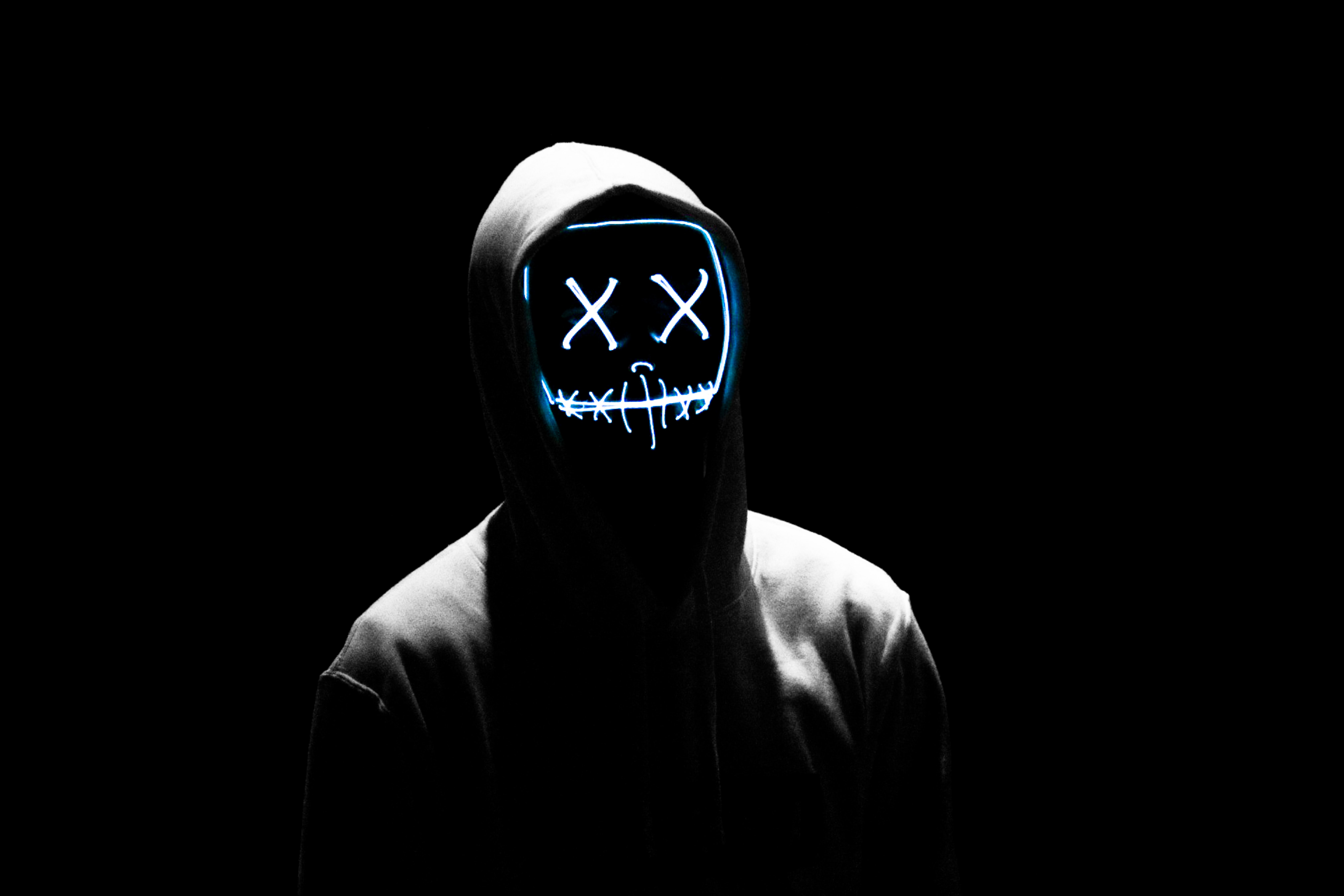 Man 4K Wallpaper, LED mask, Anonymous, Black background, AMOLED, Hoodie, 5K, Photography