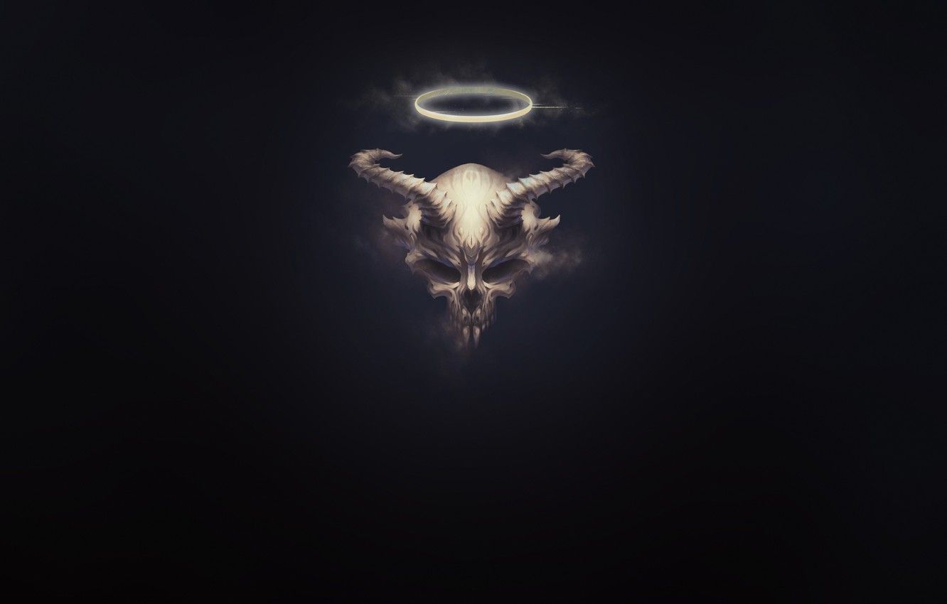 Wallpaper Minimalism, Skull, Background, The demon, Horns, The devil, Halo, Bone image for desktop, section минимализм