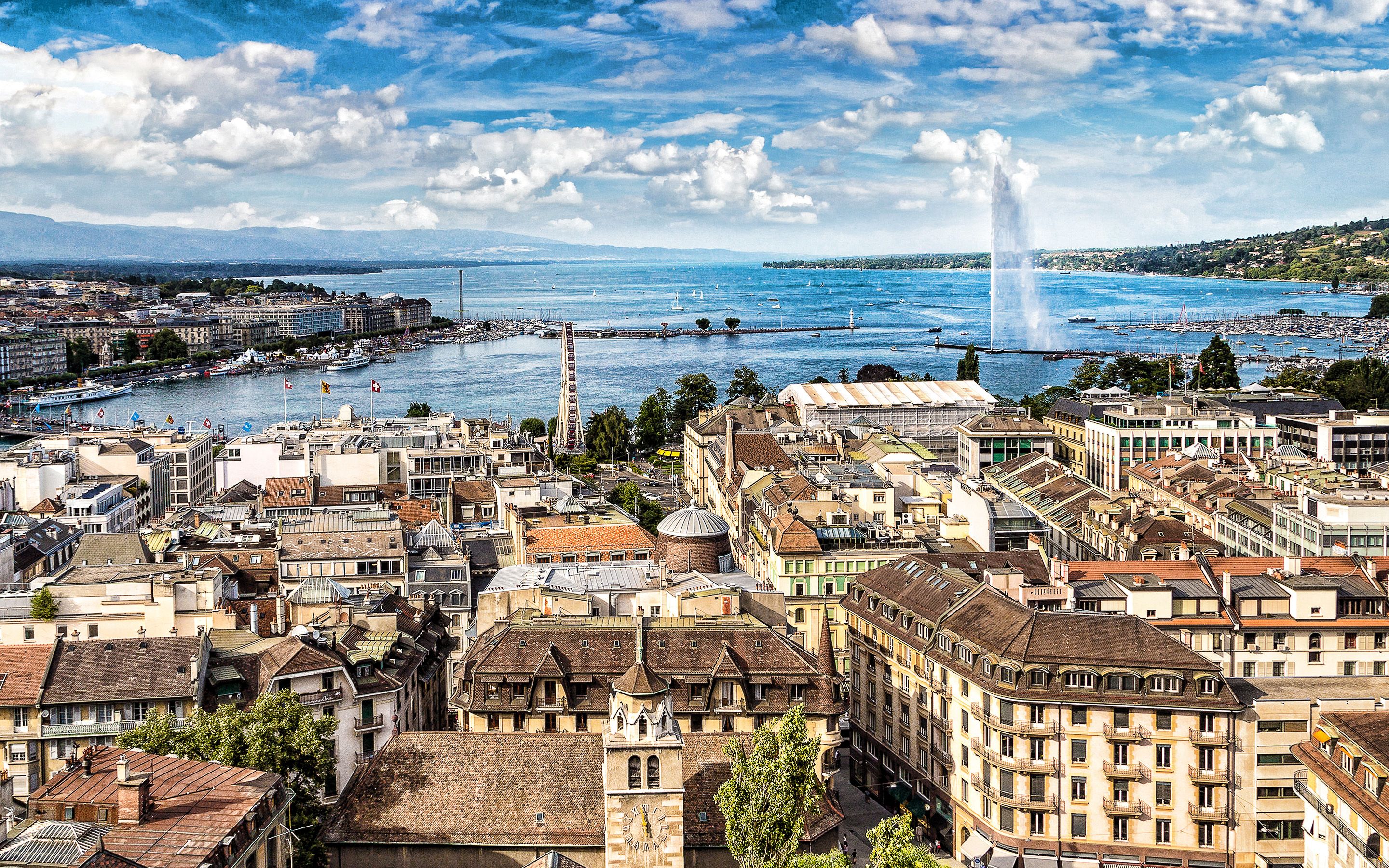 Download wallpaper Geneva, swiss city, Lake Leman, old houses, Geneva cityscape, old buildings, Switzerland for desktop with resolution 2880x1800. High Quality HD picture wallpaper