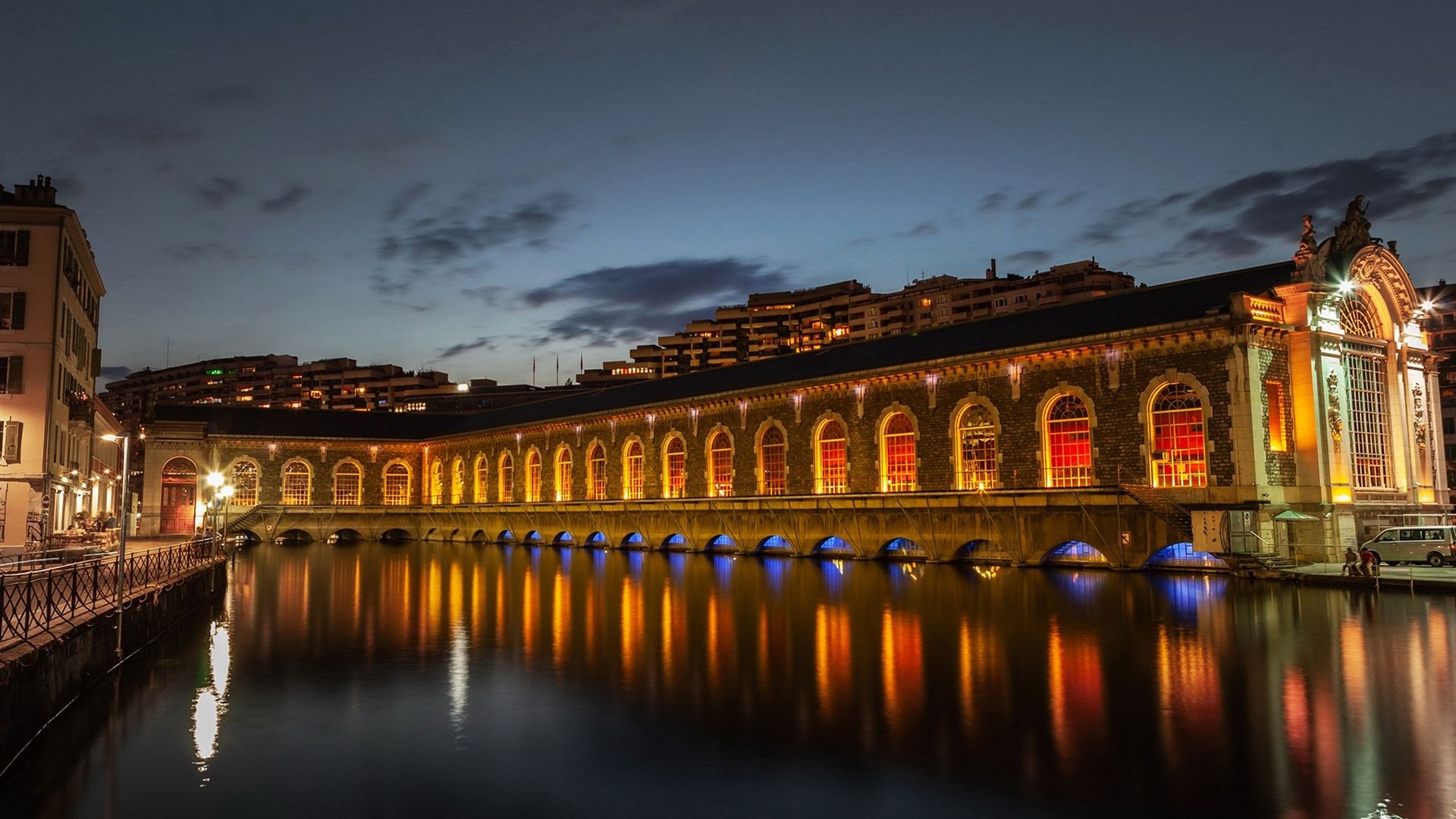 Wallpaper Switzerland, Geneva, city night, buildings, river, lights 1920x1080 Full HD 2K Picture, Image