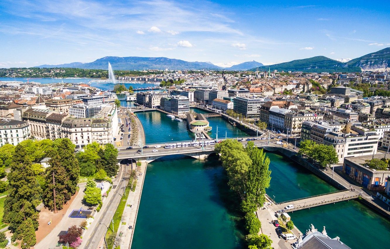 Wallpaper lake, home, Switzerland, fountain, bridges, Geneva image for desktop, section город