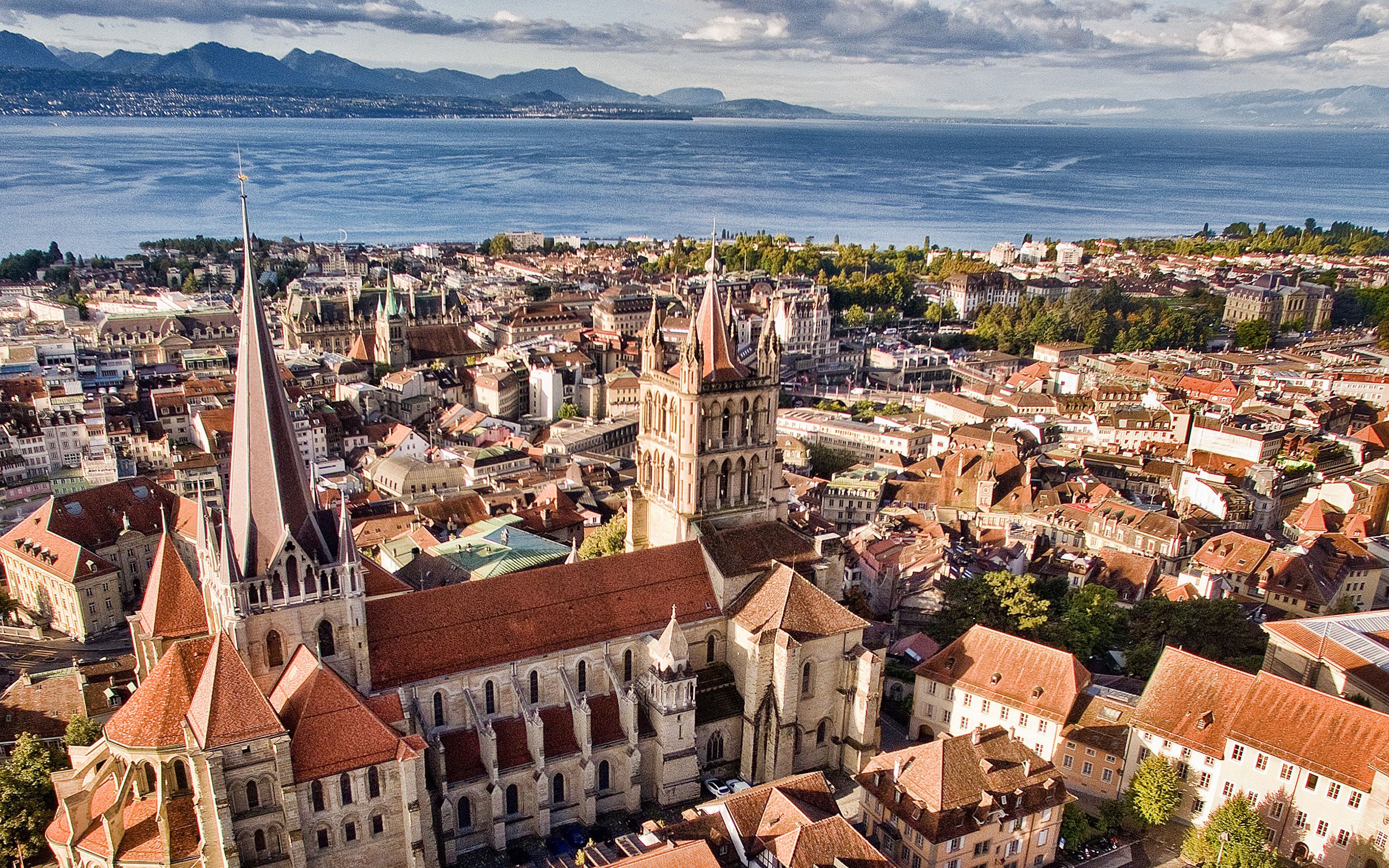 Download wallpaper Lausanne, cityscapes, summer, swiss cities, Lake Geneva, Switzerland, Europe for desktop with resolution 2880x1800. High Quality HD picture wallpaper