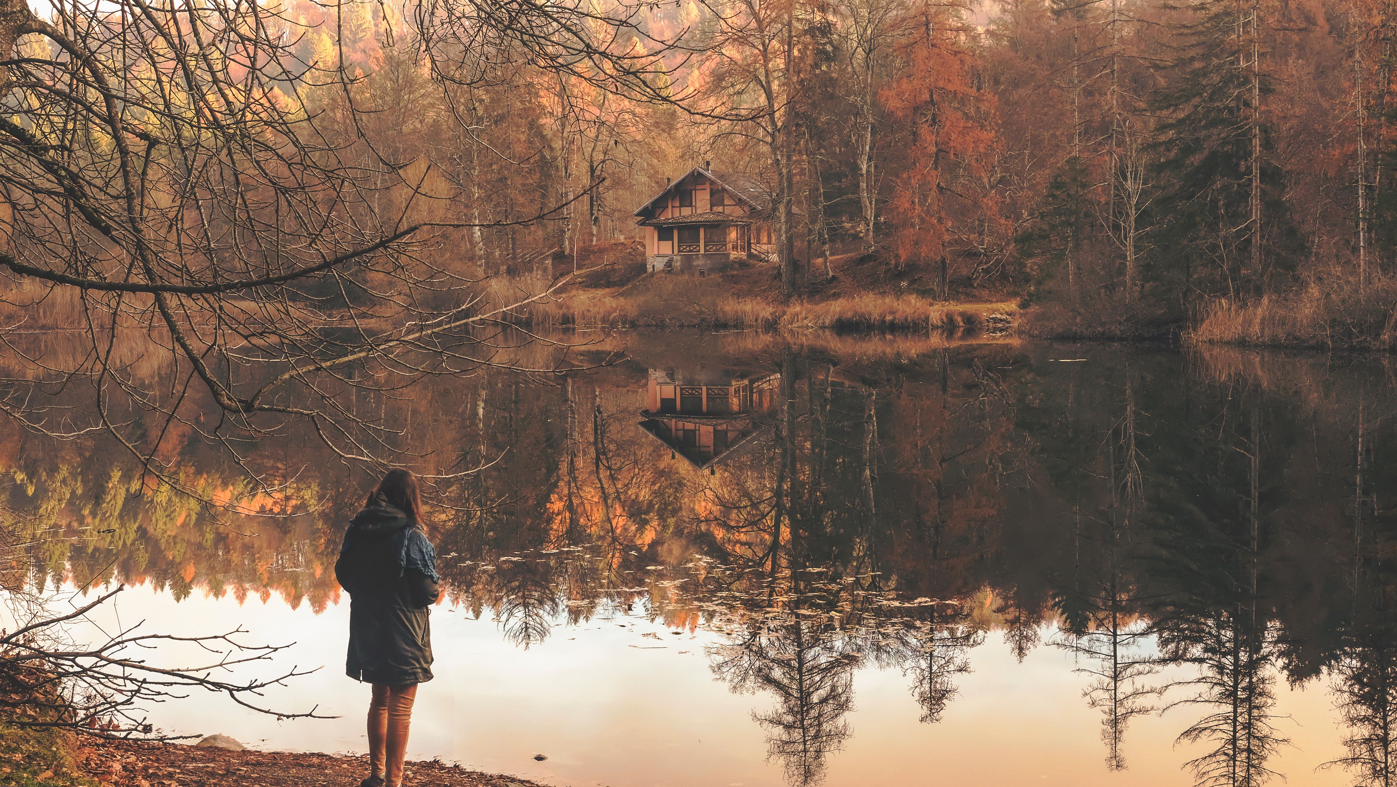 4722x2662 #autumnal, #color, #forest, #autumn, #lady, #explore, # lakeside, #woman, #female, #lake side, #tree, #building, #reflection, #looking out, #cabin, #fall, #standing, #person, #house, #lake, #PNG image. Mocah.org HD Desktop Wallpaper