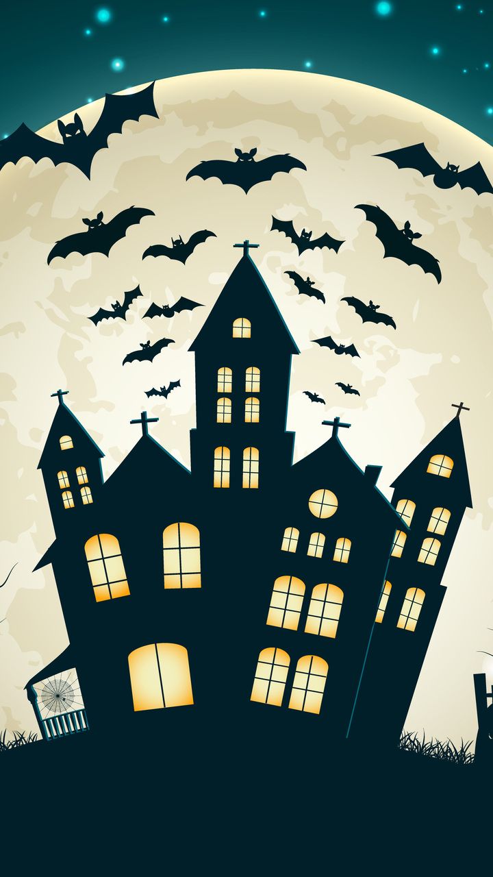 creepy, full moon, castle, bat, evil pumpkin, horror, trees, vector, scary house, holiday halloween desktop wallpaper 17293