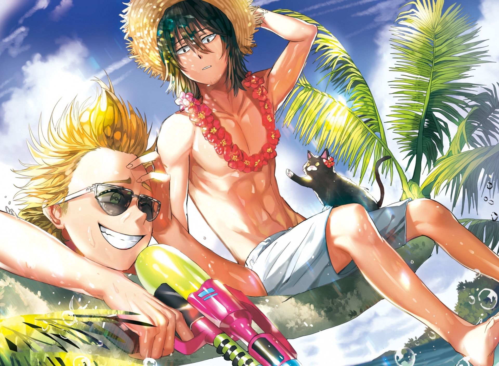 Download wallpaper beach, summer, cat, anime, art, guys, Boku no Hero Academy, My hero Academy, section other in resolution 1920x1408