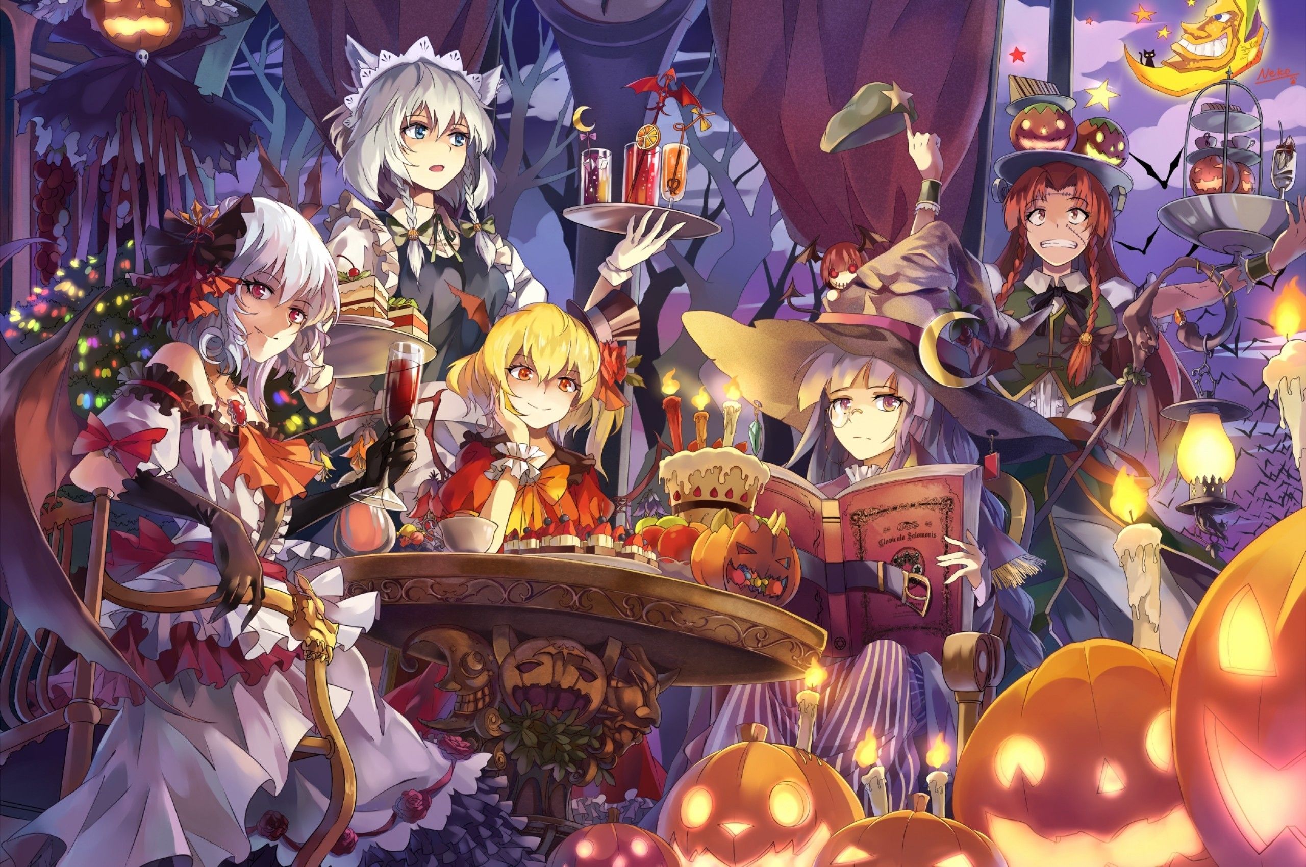 Download 2560x1700 Anime Girls, Halloween 2018, Witch, Pumpkin, Maid, Sweets Wallpaper for Chromebook Pixel
