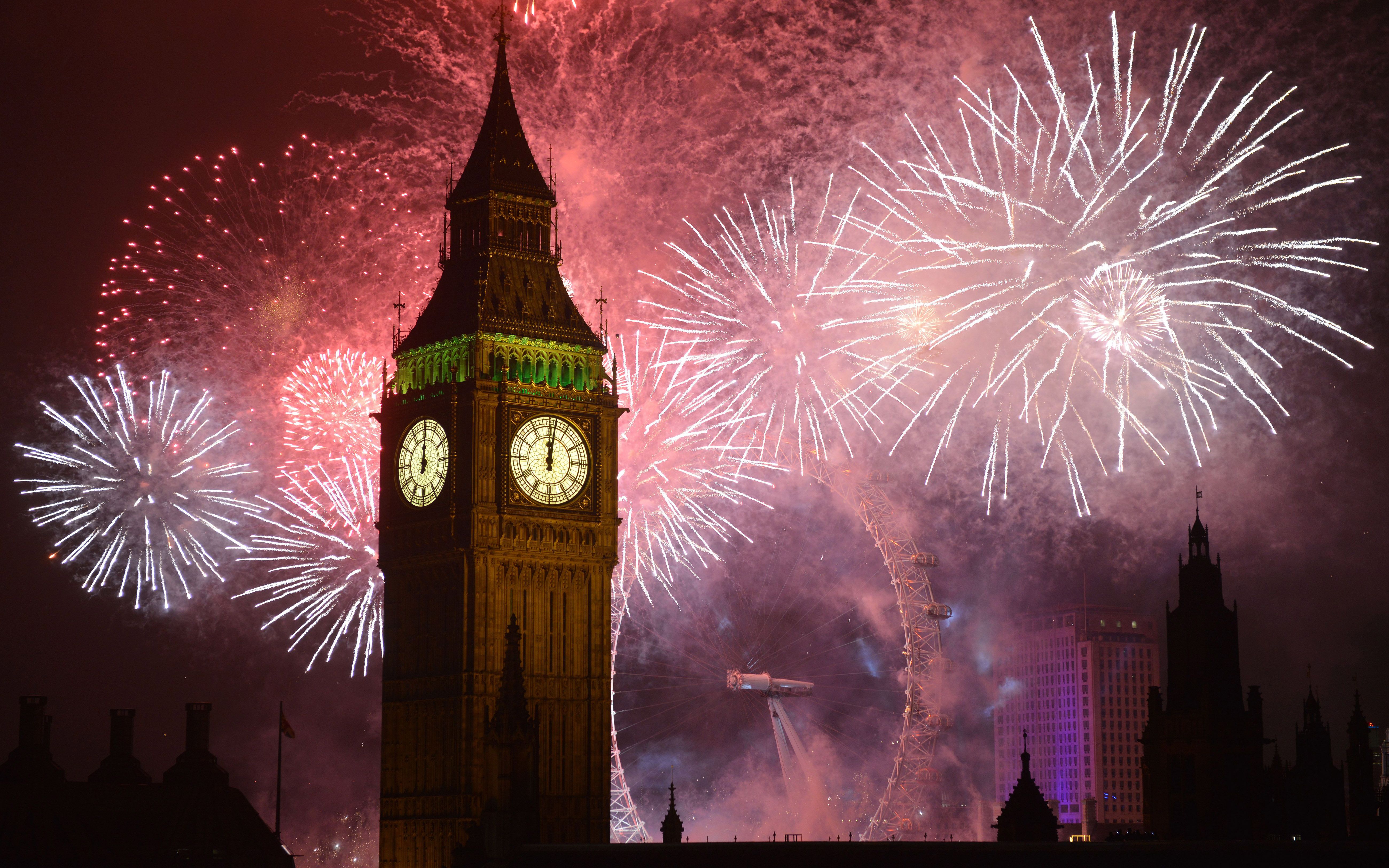 New Years Eve Fireworks Big Ben Clock In London Desktop Wallpaper HD For Mobile Phones And Laptops 5200x3250, Wallpaper13.com