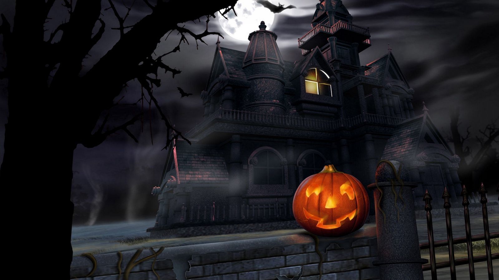 Download wallpaper 1600x900 halloween, pumpkin, lantern, house, darkness, gloom widescreen 16:9 HD background