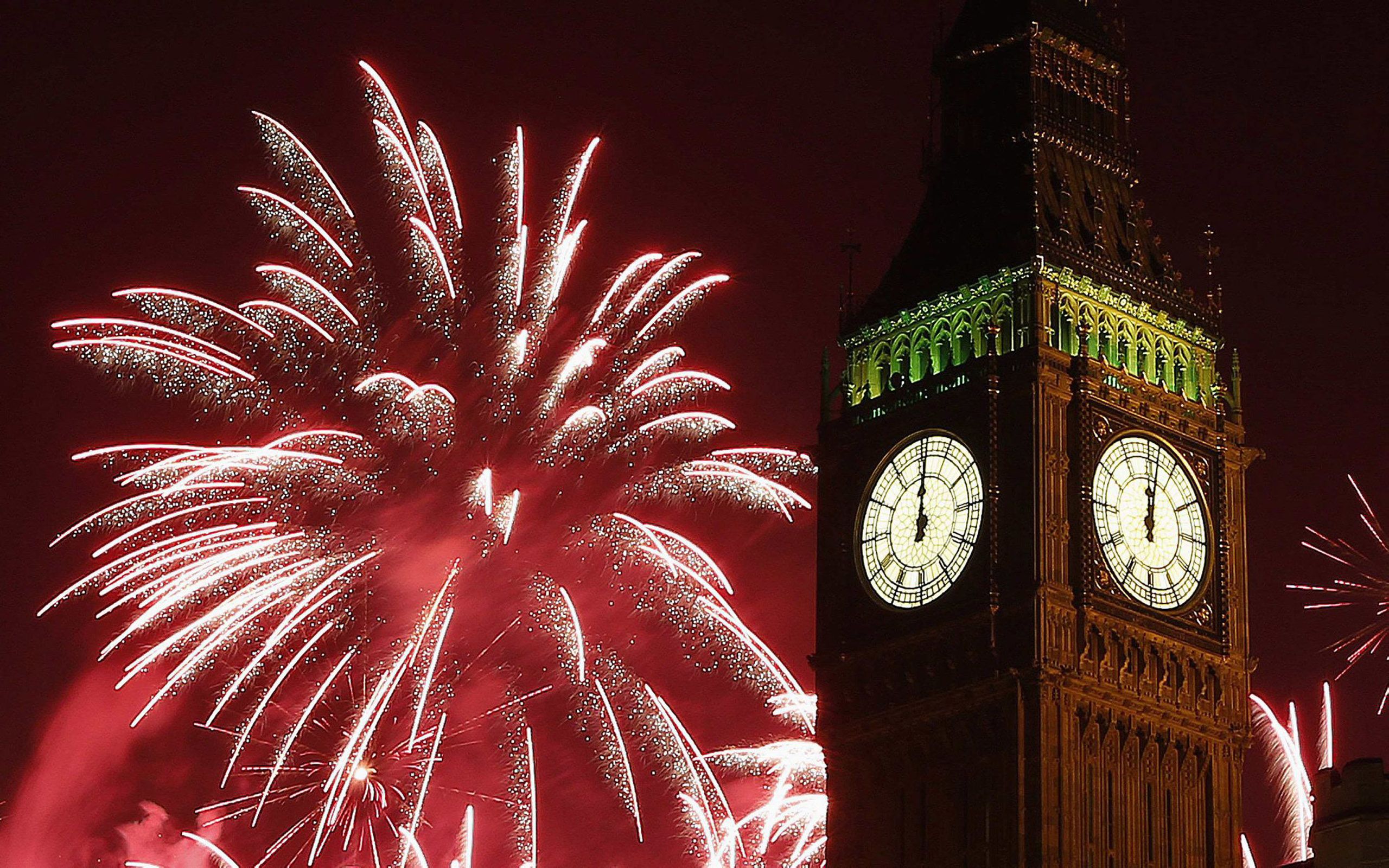 New Year's Fireworks Celebration Of Midnight Big Ben Clock In London Wallpaper HD For Desktop Full Screen 2560x1600, Wallpaper13.com