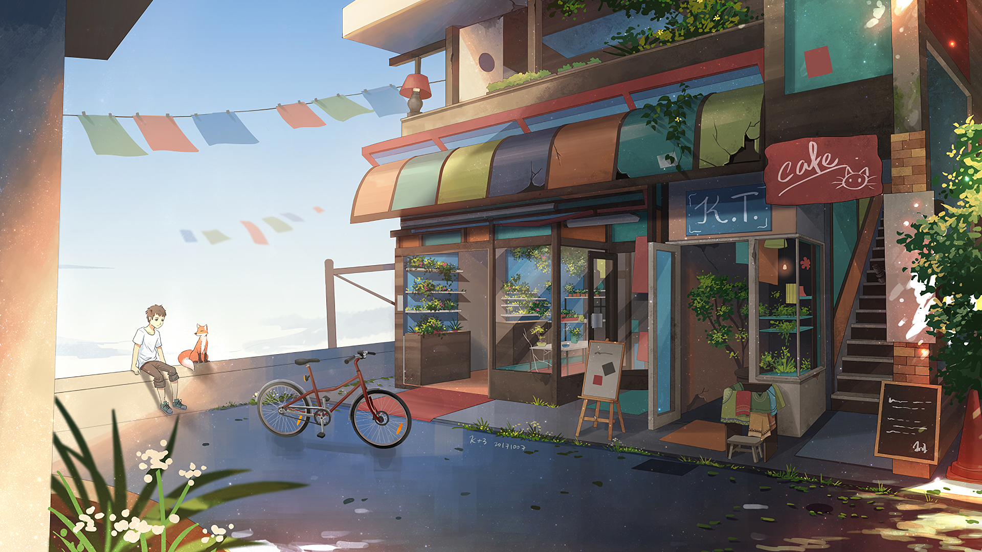 Download 1920x1080 Anime Cafe, Boy, Fox, Scenic, Building Wallpaper for Widescreen