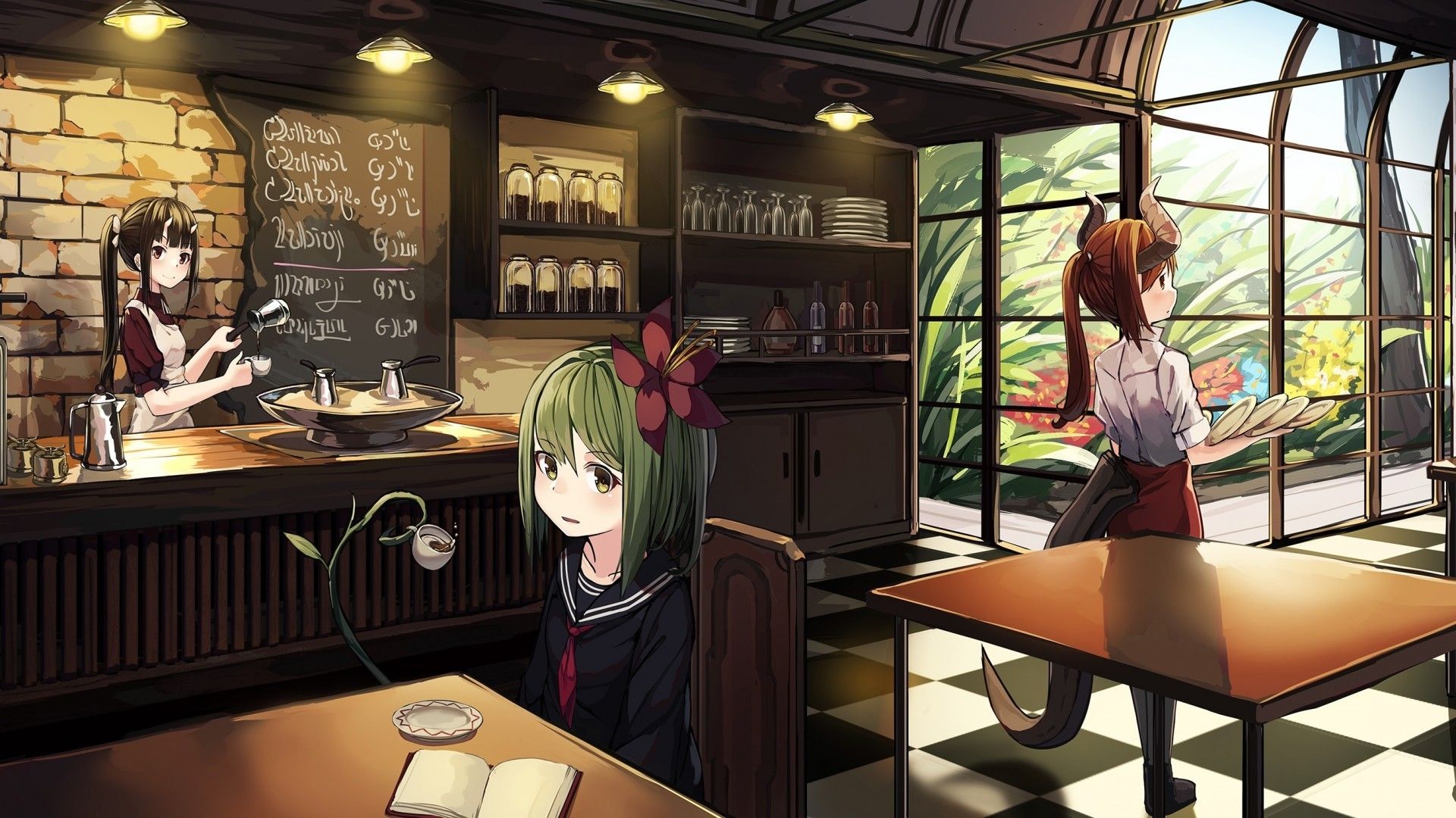 Download 1920x1080 Anime Cafe, Slice Of Life, Girls, Ponytail, Horns Wallpaper for Widescreen
