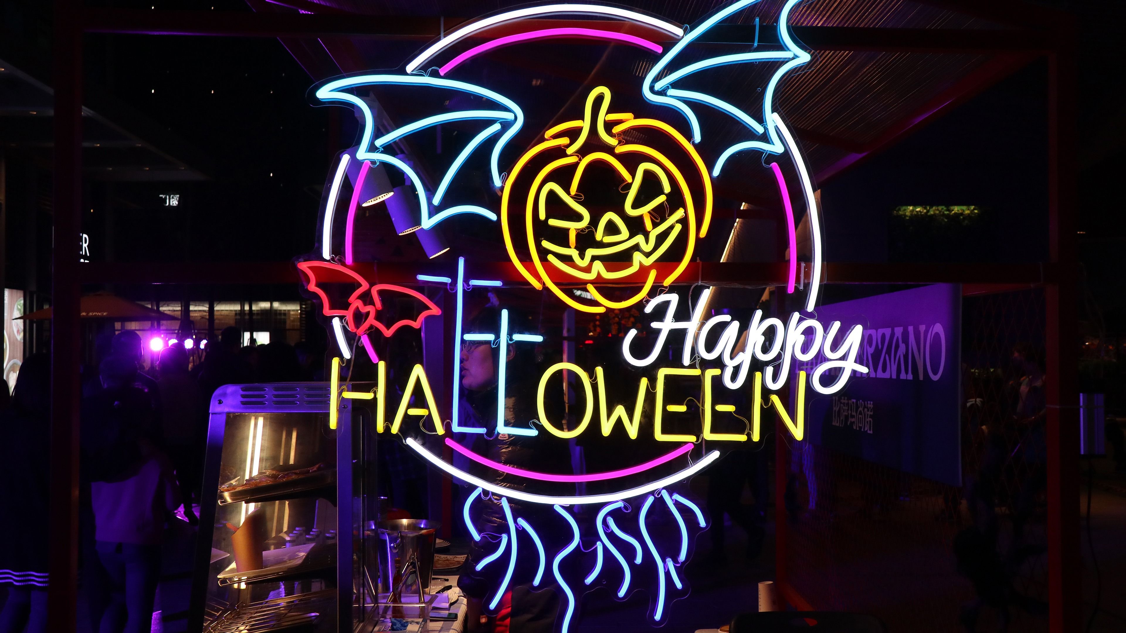 Happy Halloween Pumpkin Lantern Neon Light 4k Wallpaper
