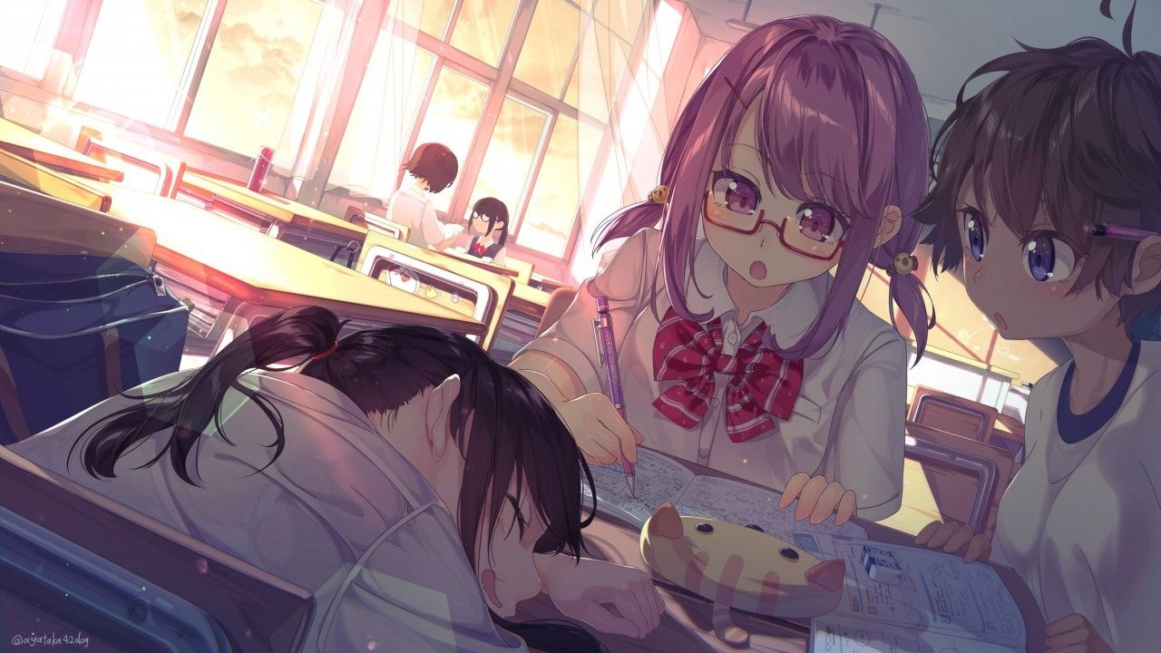 Download 1280x720 Anime Classroom, Sleepy Students, Friends, Studying, Pink Eyes, Megane Wallpaper