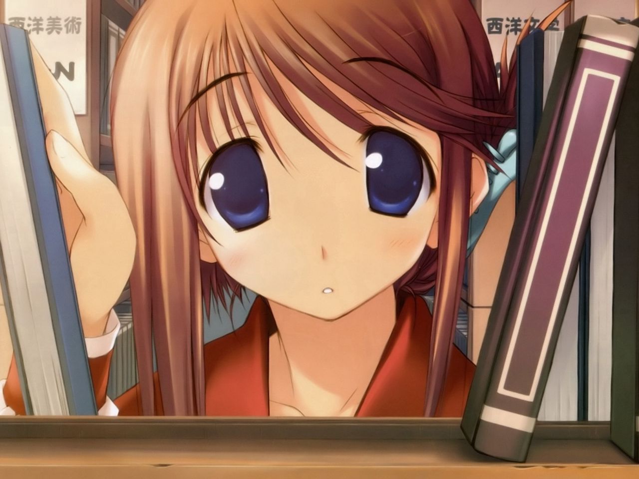 Download wallpaper 1280x960 anime, girl, shelf, books, study standard 4:3 HD background