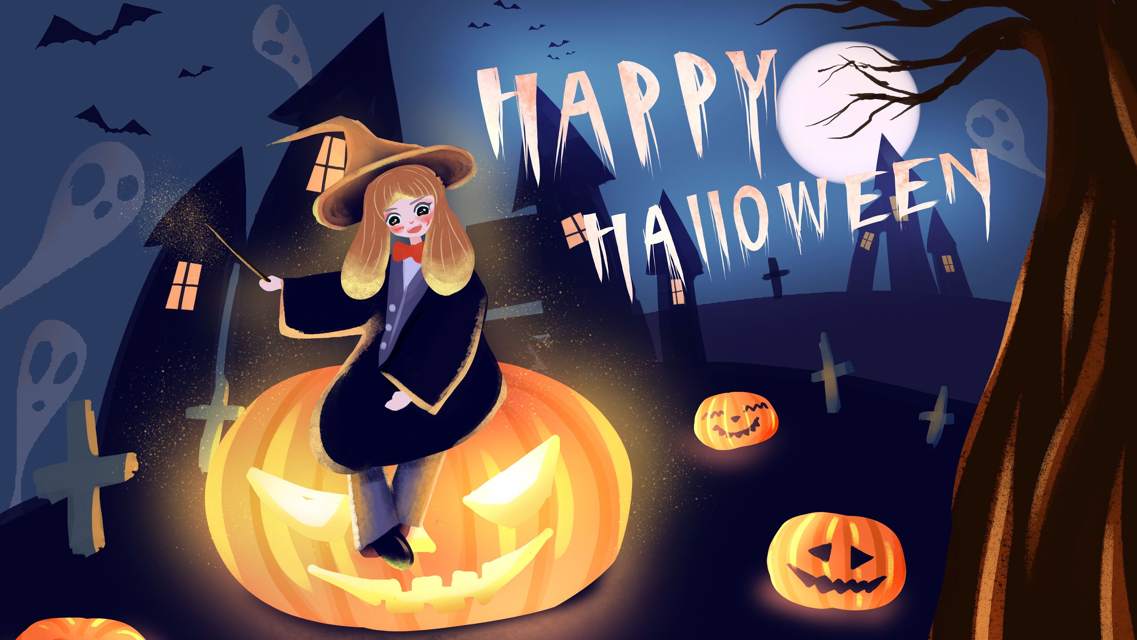 Happy Halloween Girl Pumpkin illustration HD Wallpaper 4K
