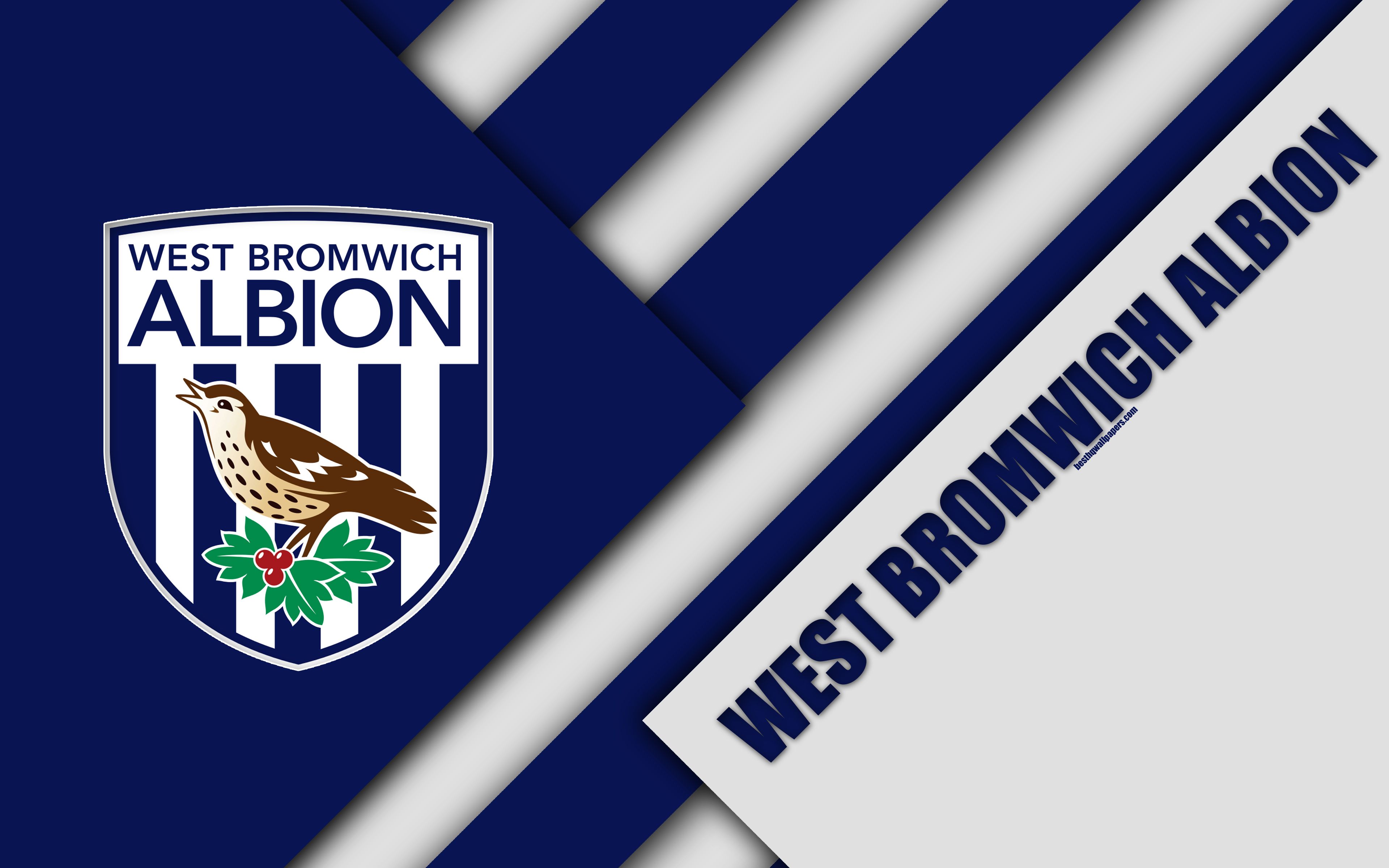 Download wallpaper West Bromwich Albion FC, logo, 4k, material design, blue white abstraction, football, West Bromwich, England, UK, Premier League, English football club for desktop with resolution 3840x2400. High Quality HD picture