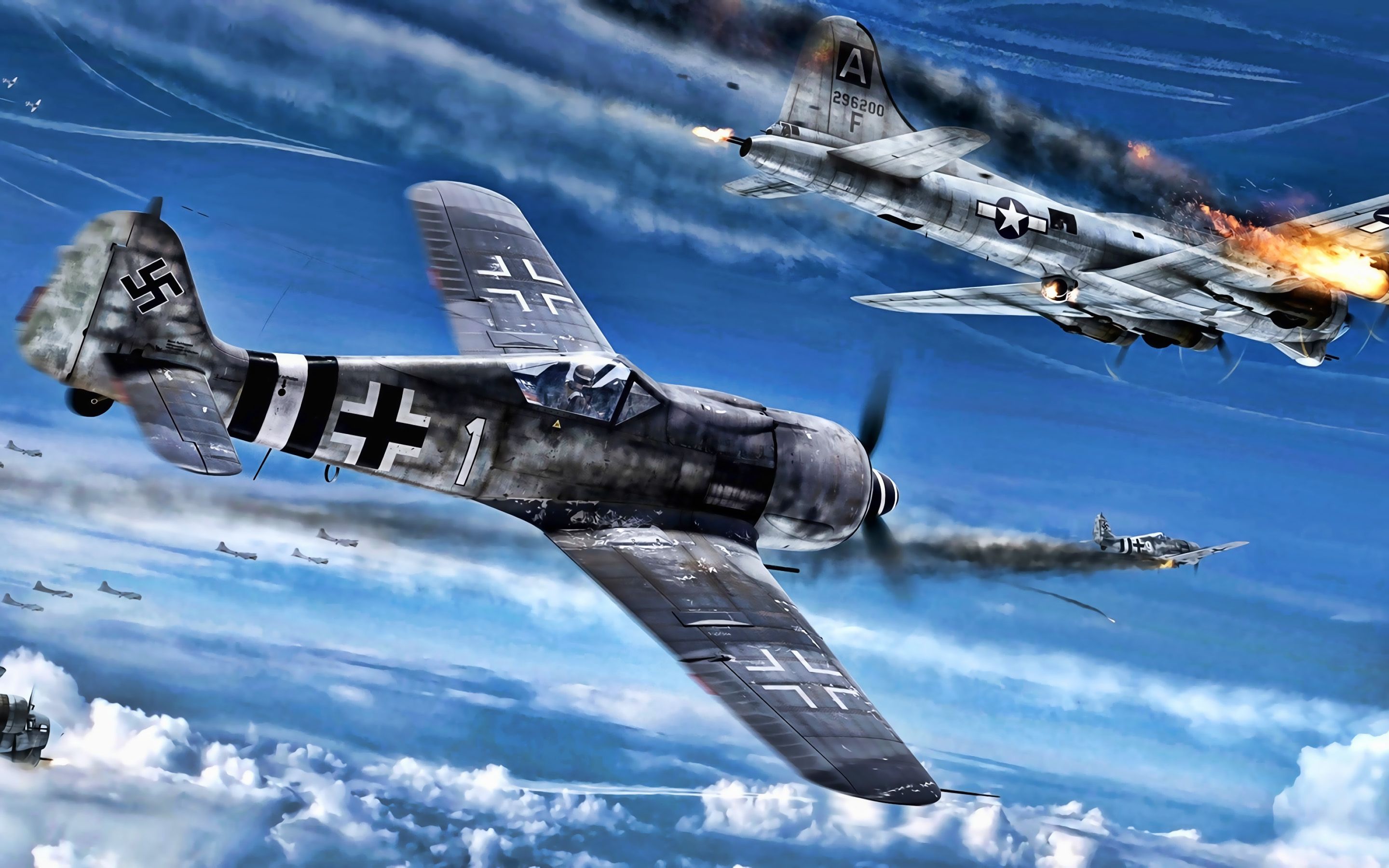 Download Wallpaper Focke Wulf Fw Boeing B 17 Flying Fortress, Battle, Luftwaffe Vs US Air Force, World War II, Fighter Vs Bomber For Desktop With Resolution 2880x1800. High Quality HD Picture Wallpaper