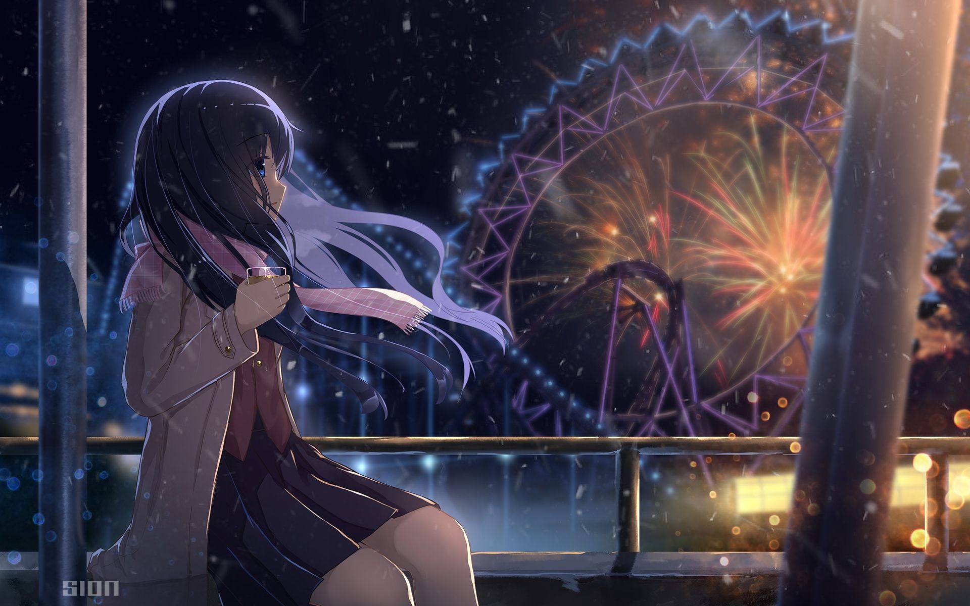 Download 1920x1200 Anime Girl, Fireworks, Scenic, Amusement Park, Ferris Wheel, Night, Drink Wallpaper for MacBook Pro 17 inch