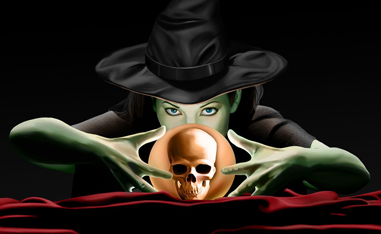 Desktop Wallpaper Magic Witch Skulls Mage wizard Hat Fantasy Balls