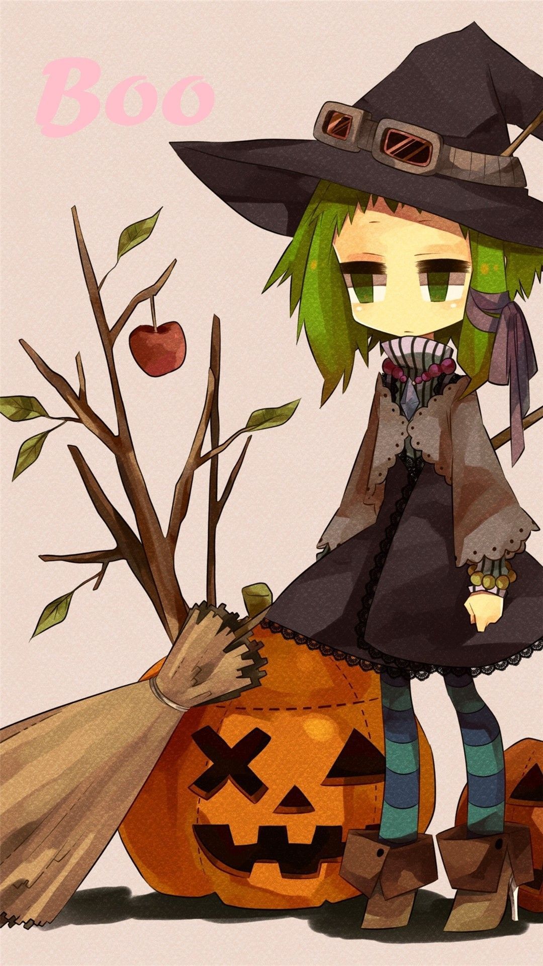Halloween BOO iPhone Wallpaper, witch hat, broom, pumpkin #Halloween #HalloweenWallpaper