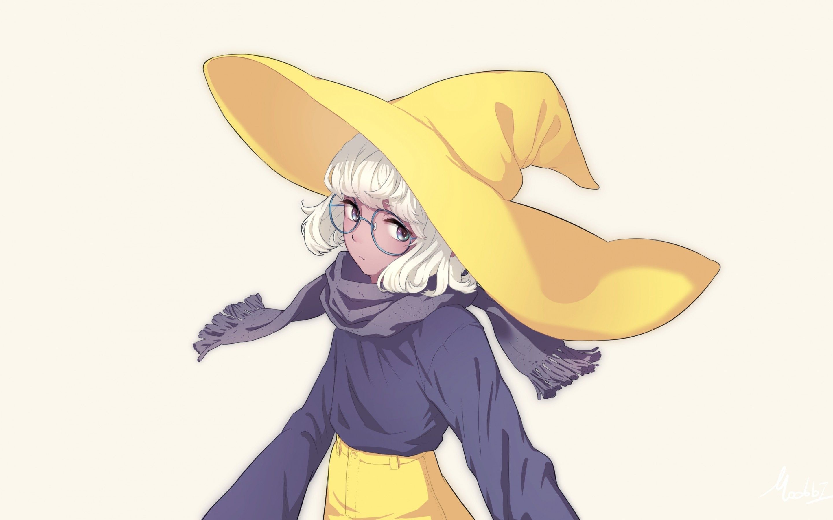 Download 2880x1800 Anime Girl, Witch Hat, Scarf, White Hair, Glasses, Meganekko Wallpaper for MacBook Pro 15 inch