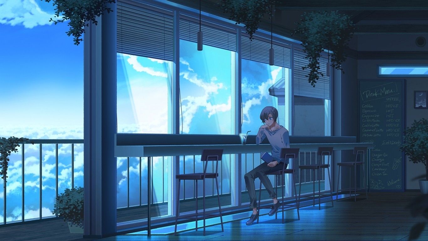 Download 1366x768 Anime Boy, Cafe, Clouds, Balcony Wallpaper for Laptop, Notebook