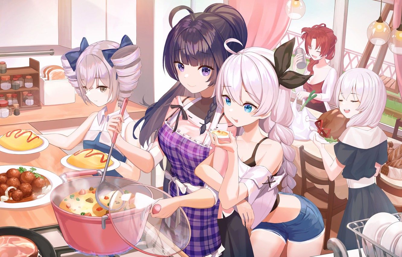 Wallpaper girls, food, kitchen, Honkai Impact 3rd, Kiana Kaslana, Bronya Zaychik, Raiden Mei, Theresa Apocalypse, Murata Himeko image for desktop, section сёнэн
