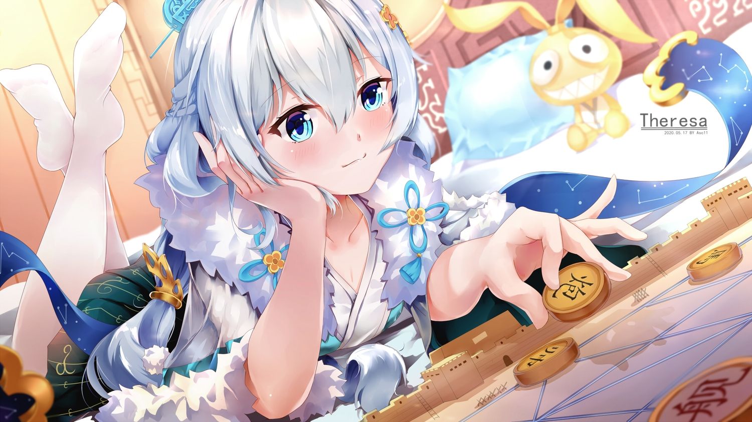 aliasing aqua eyes bed blush braids honkai impact leyuan zhuifang theresa apocalypse watermark white hair. konachan.com.com Anime Wallpaper