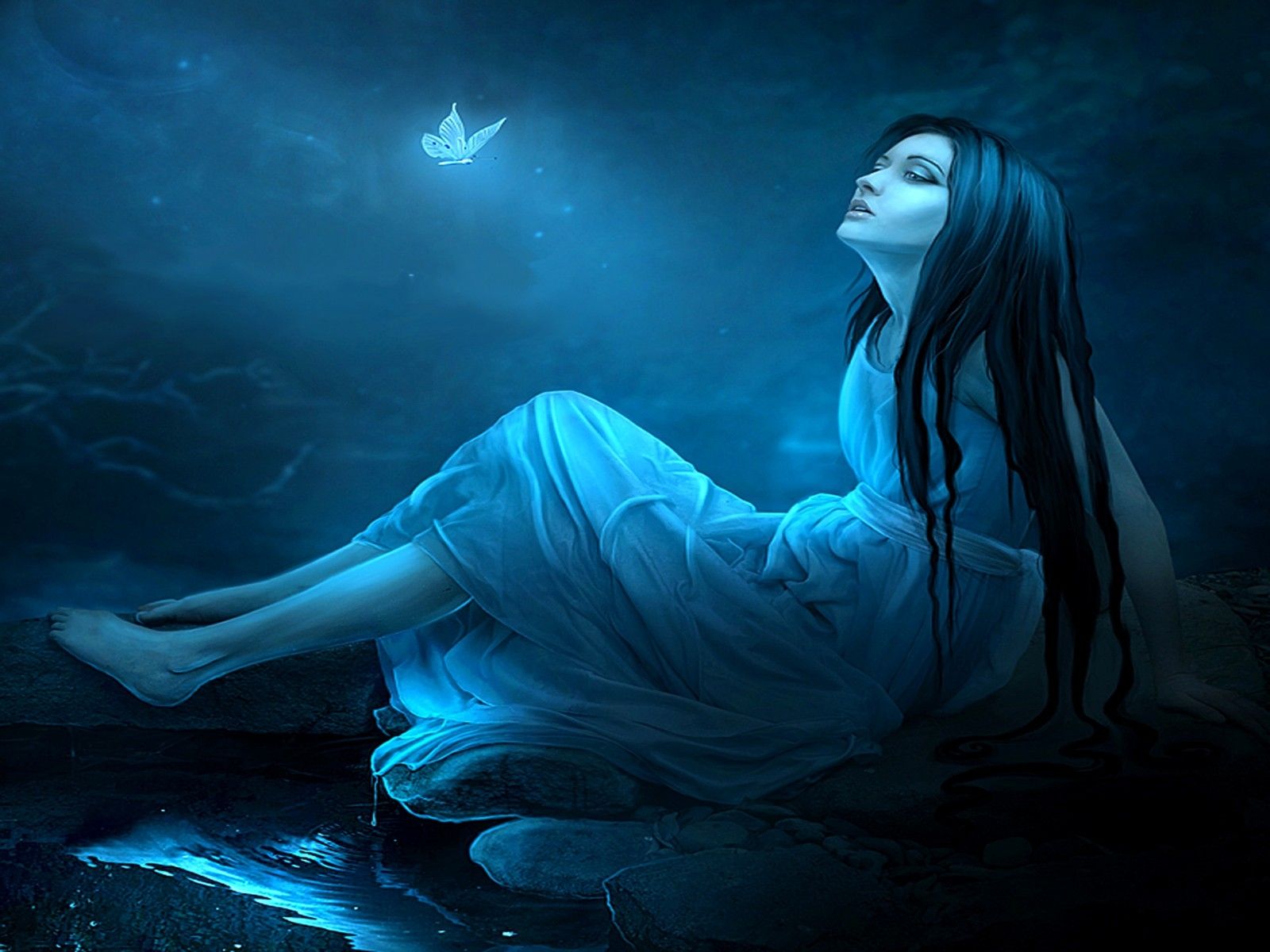 women water paintings blue dark fantasy art butterflies High Quality Wallpaper, High Definition Wallpaper