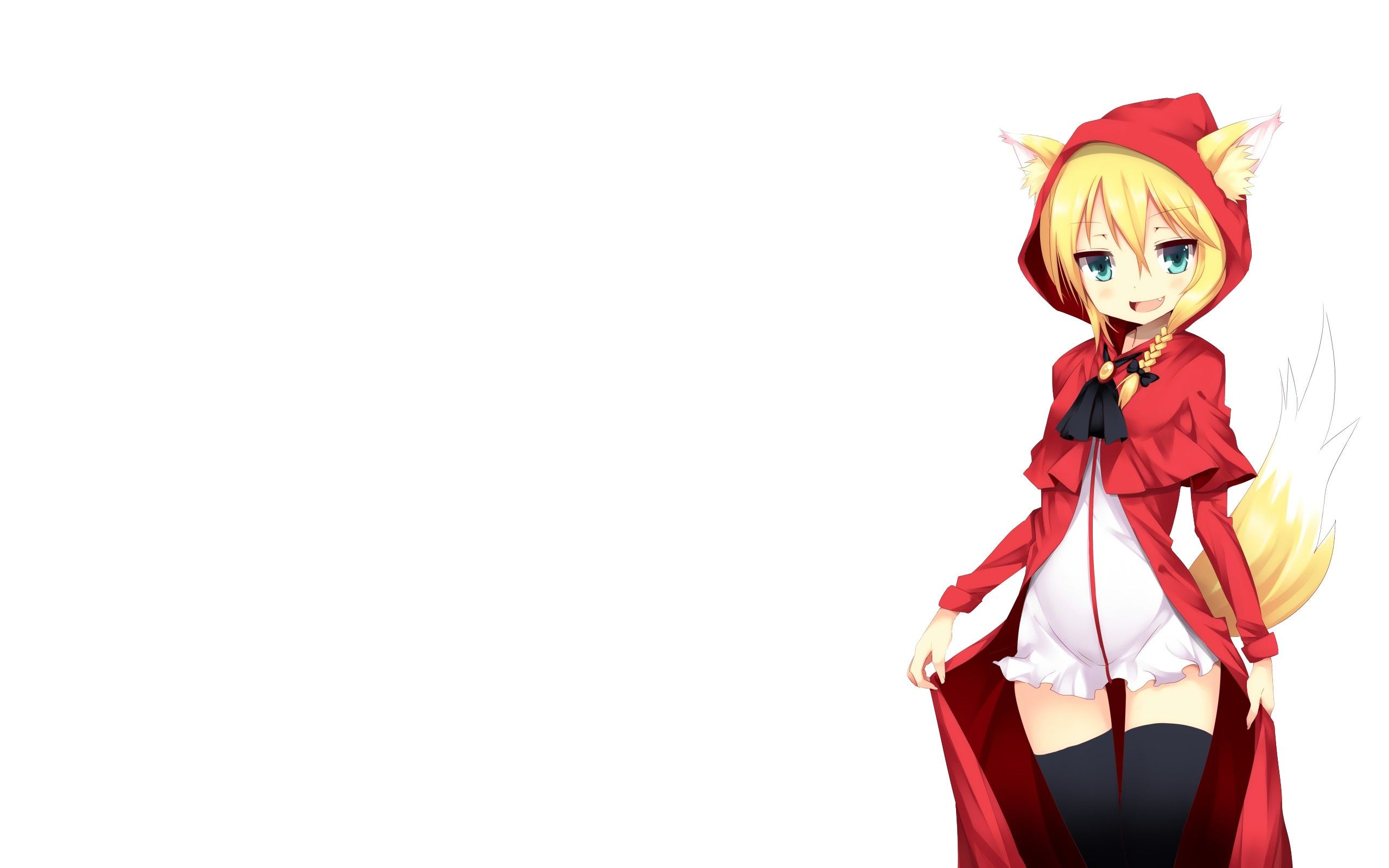 blondes, tails, white, long hair, Little Red Riding Hood, green eyes, animal ears, thigh highs, blush, aqua eyes, simple background, anime girls, white background, red riding hood wallpaper