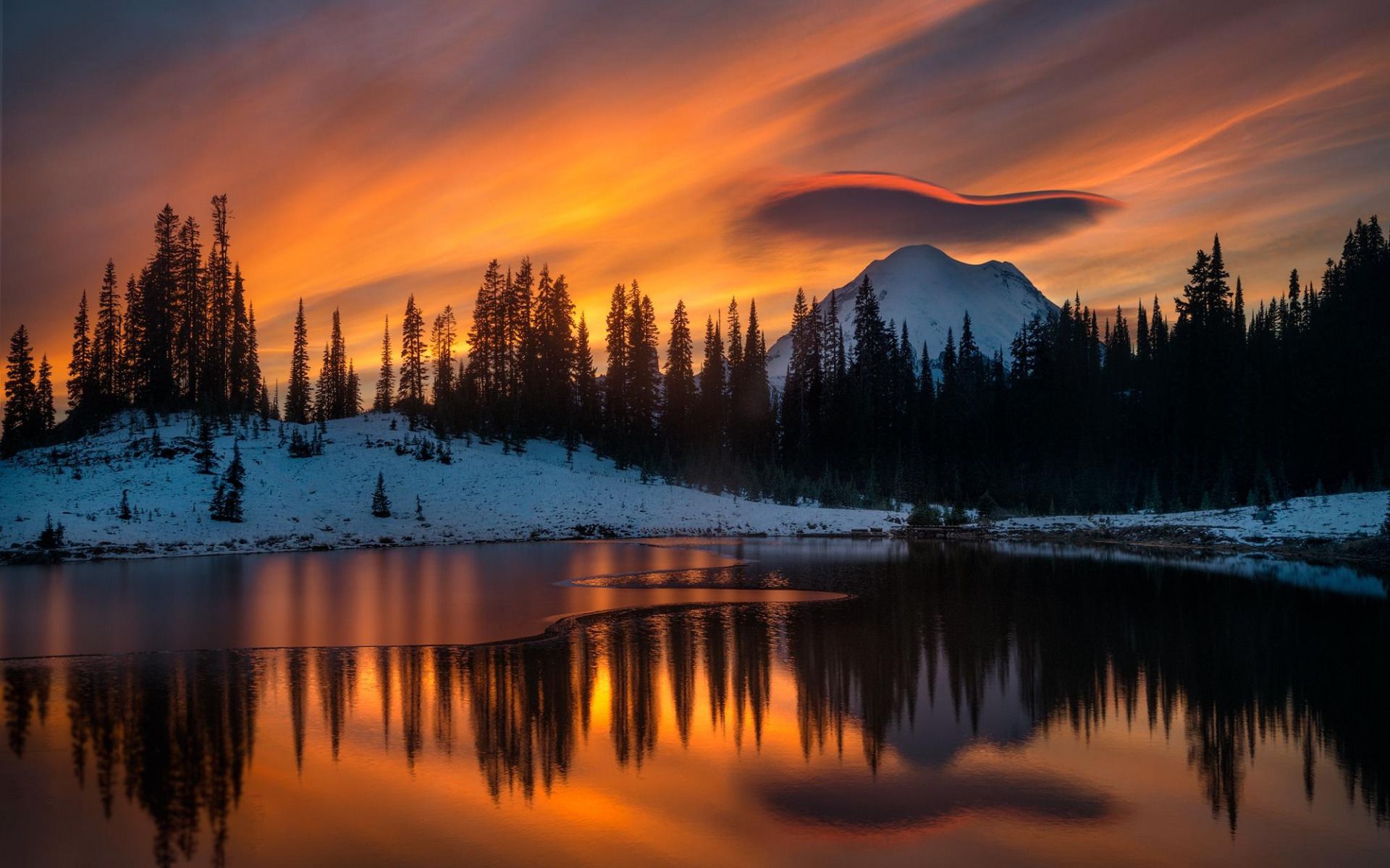 Download wallpaper Tipsoo Lake, Mount Rainier, Yakima Peak, alpine lake, evening, sunset, winter, snow, mountain landscape, USA, Pierce County, Washington, Northern Cascade Range for desktop with resolution 1920x1200. High Quality HD picture