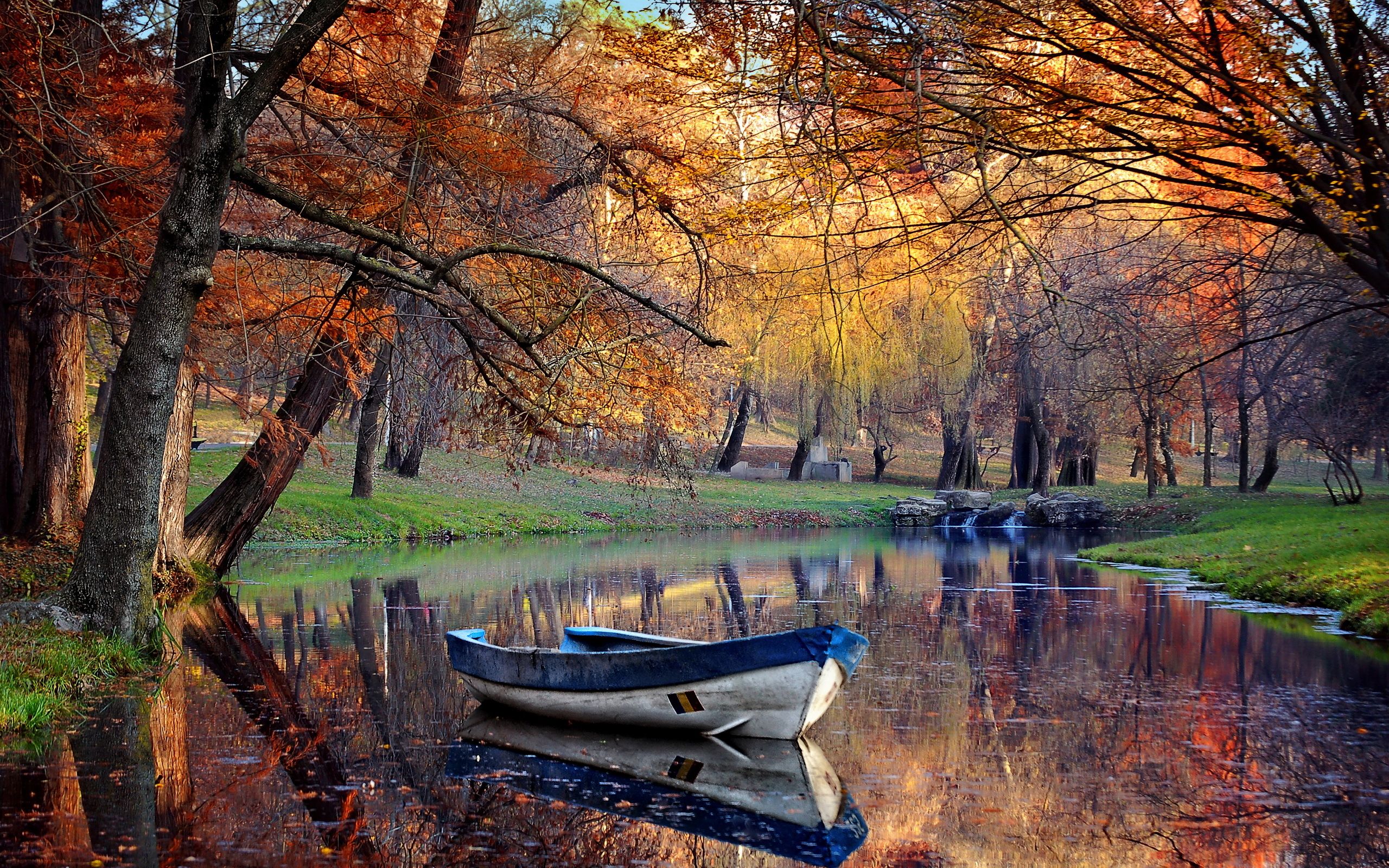 Autumn, Park, Lake, Boat, Trees, Grass HD Wallpaper, Wallpaper13.com