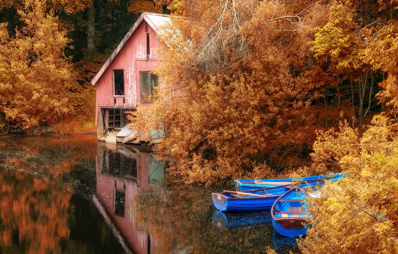 Wallpaper autumn, lake, boats, landscape, nature, autumn, leaves image for desktop, section природа