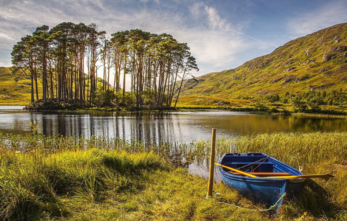 Wallpaper Nature, Grass, Autumn, Lake, Trees, Boat, Scotland image for desktop, section пейзажи