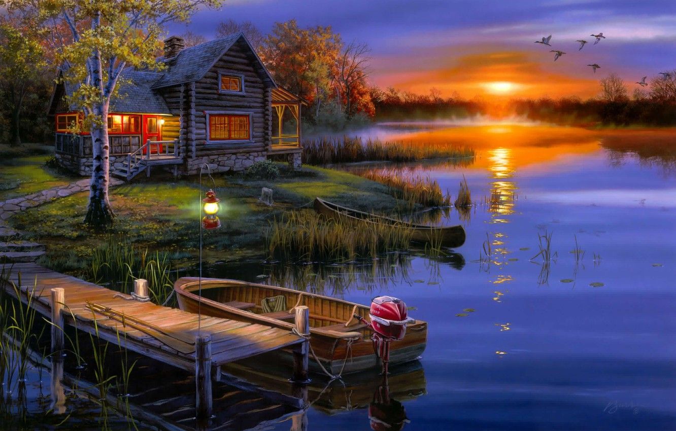 Wallpaper autumn, landscape, sunset, lake, boat, duck, art, lantern, house, Darrell Bush image for desktop, section пейзажи