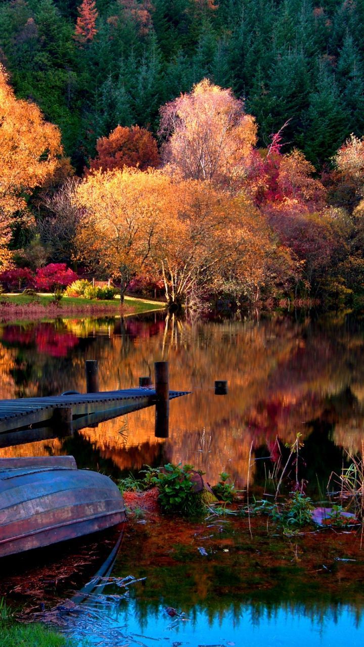 Wallpaper boat, coast, bottom, autumn, lake, surface, trees, wood, reflection, colors, brightly, ligh. Autumn scenery, Beautiful nature, Sunset landscape