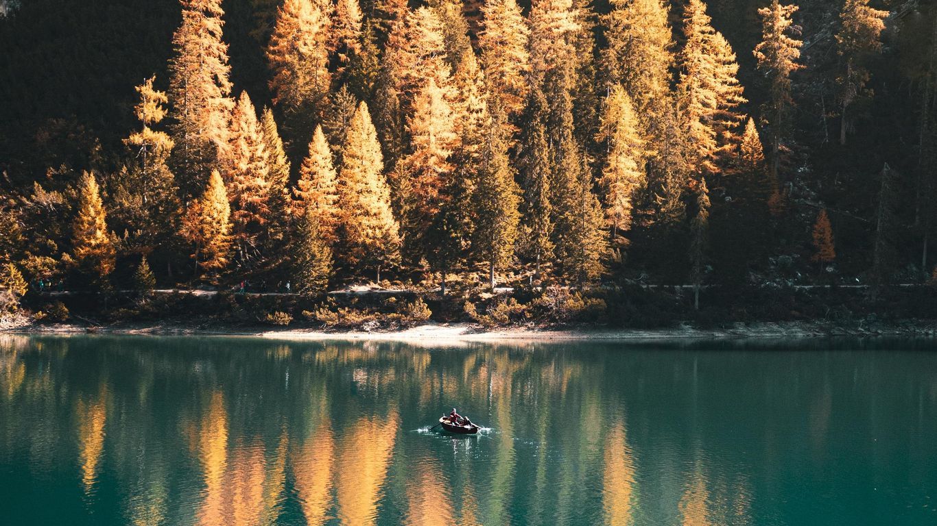 Download wallpaper 1366x768 lake, boat, trees, landscape, autumn tablet, laptop HD background