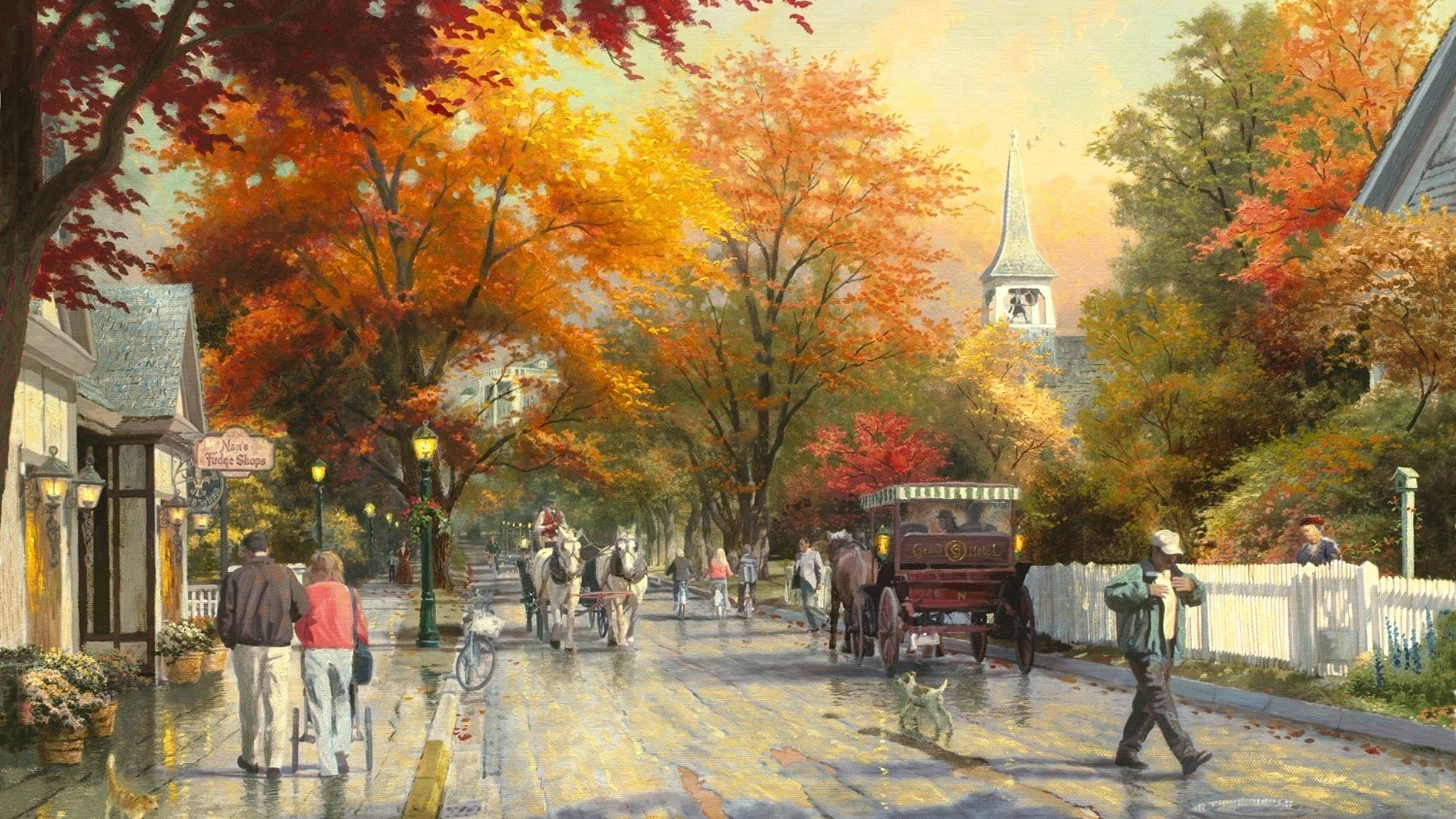 autumn on mackinac island, painting, autumn, thomas kinkade, town desktop wallpaper 20526