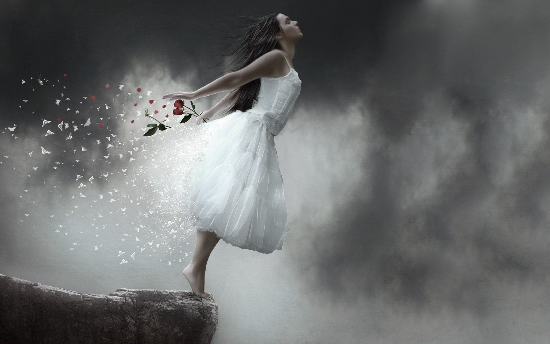 fantasy girl incarnation butterflies rose petals falling Wallpaper HD / Desktop and Mobile Background